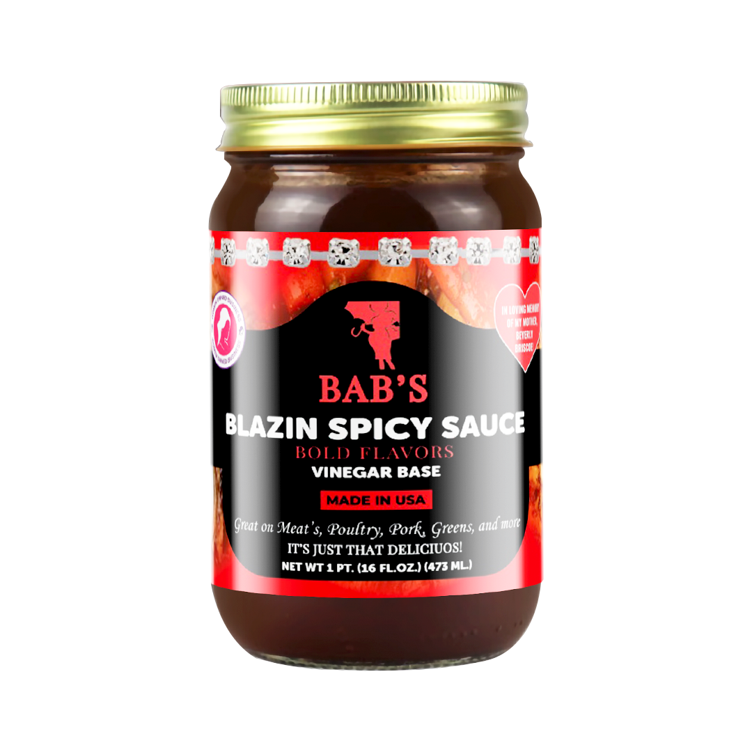 Blazin Spicy Sauce in glass jar with bold flavors and vinegar base.