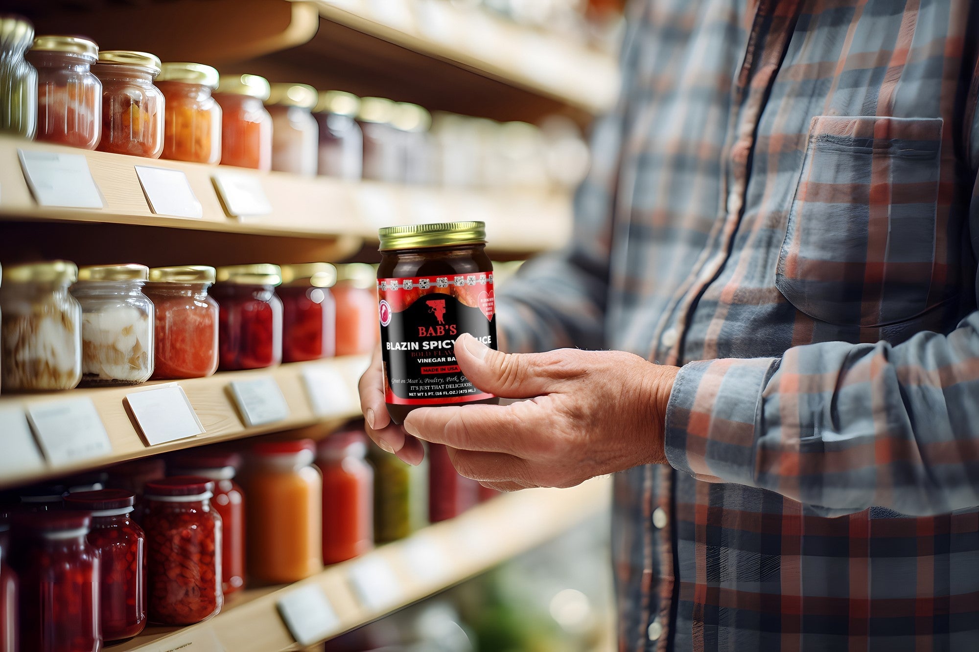 Blazin Spicy Sauce held by a shopper in a grocery aisle.