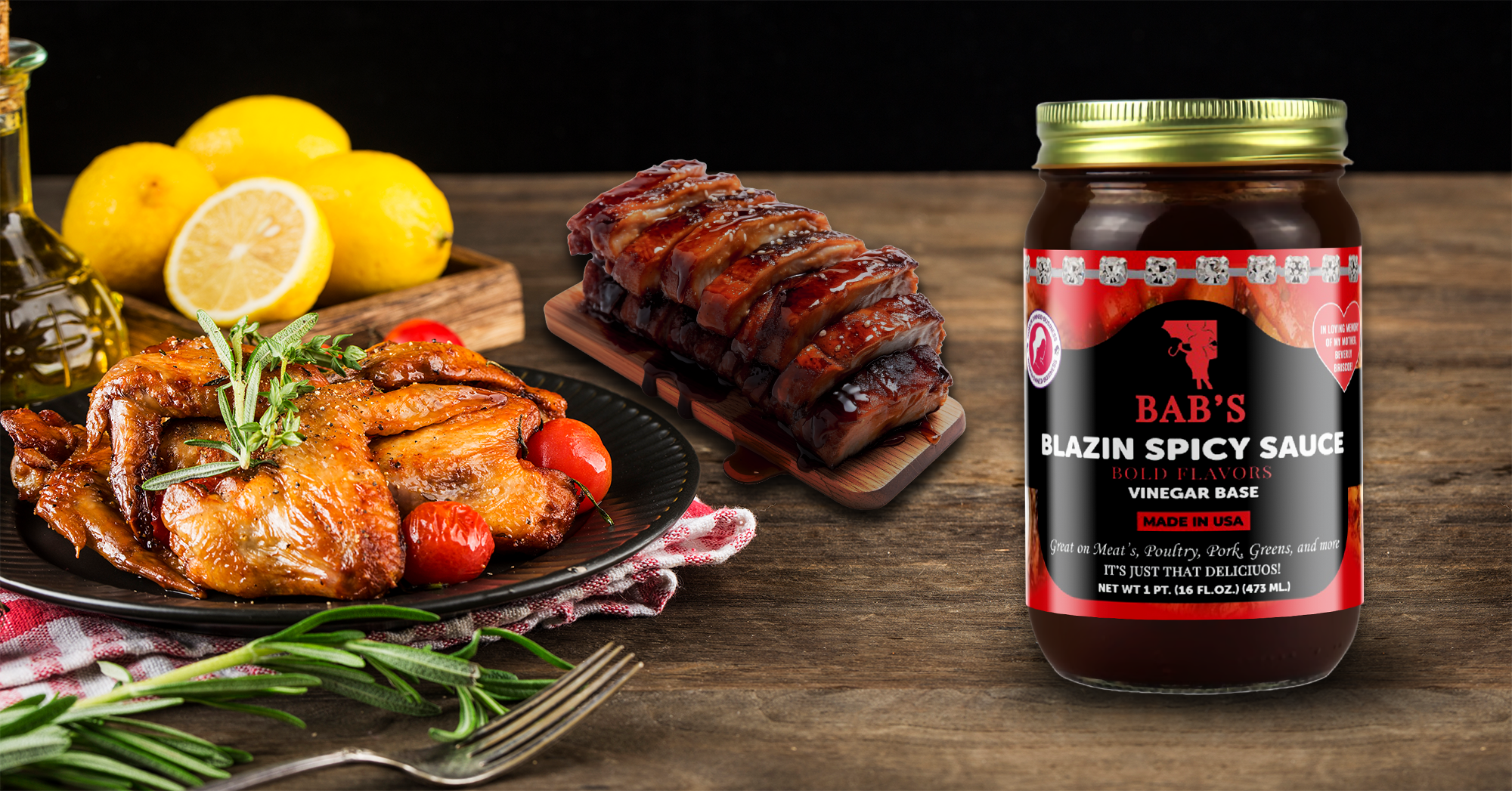 Blazin Spicy Sauce jar with grilled chicken, ribs, and fresh lemons in the background.