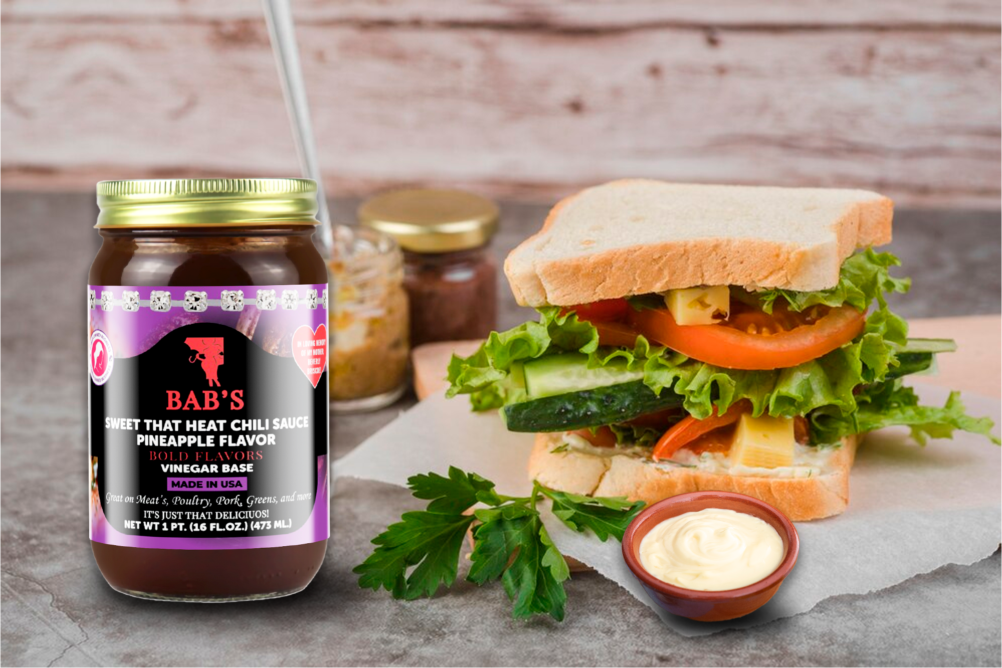 Sweet That Heat Chili Sauce Pineapple Flavor with sandwich and ingredients.